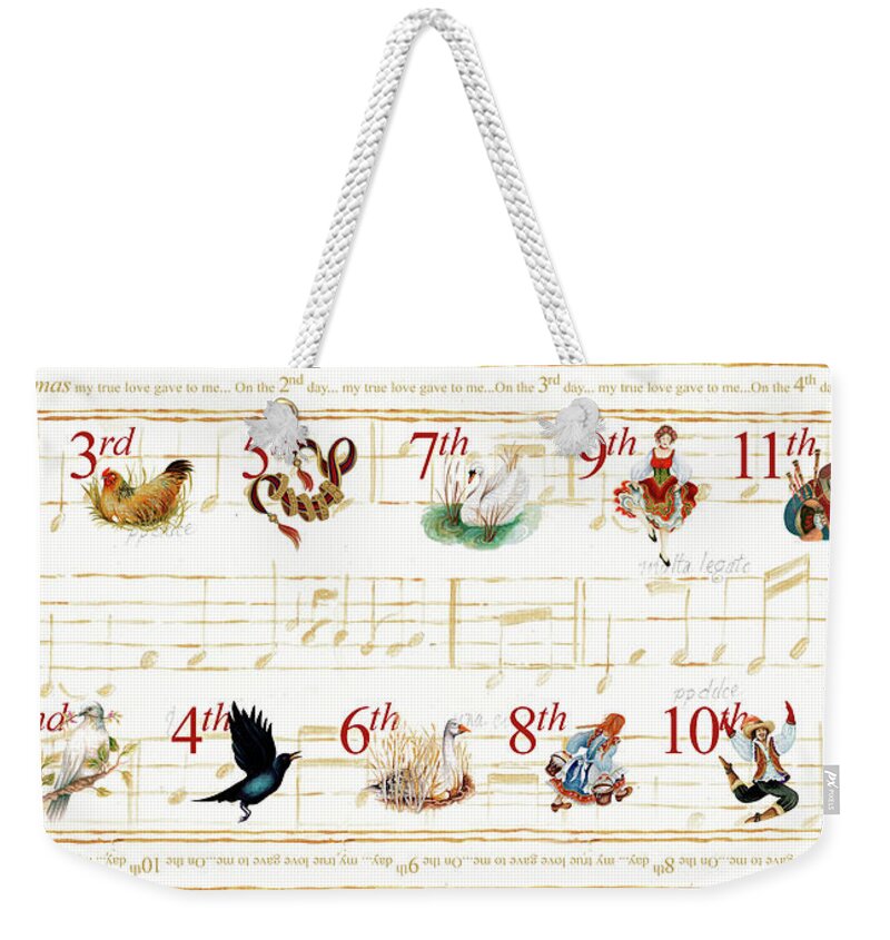 Partridge Weekender Tote Bag featuring the painting 12 Days Of Christmas by Janice Gaynor