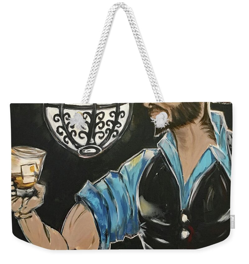 Bartender Weekender Tote Bag featuring the painting A Stiff One featuring Rich by Roxy Rich