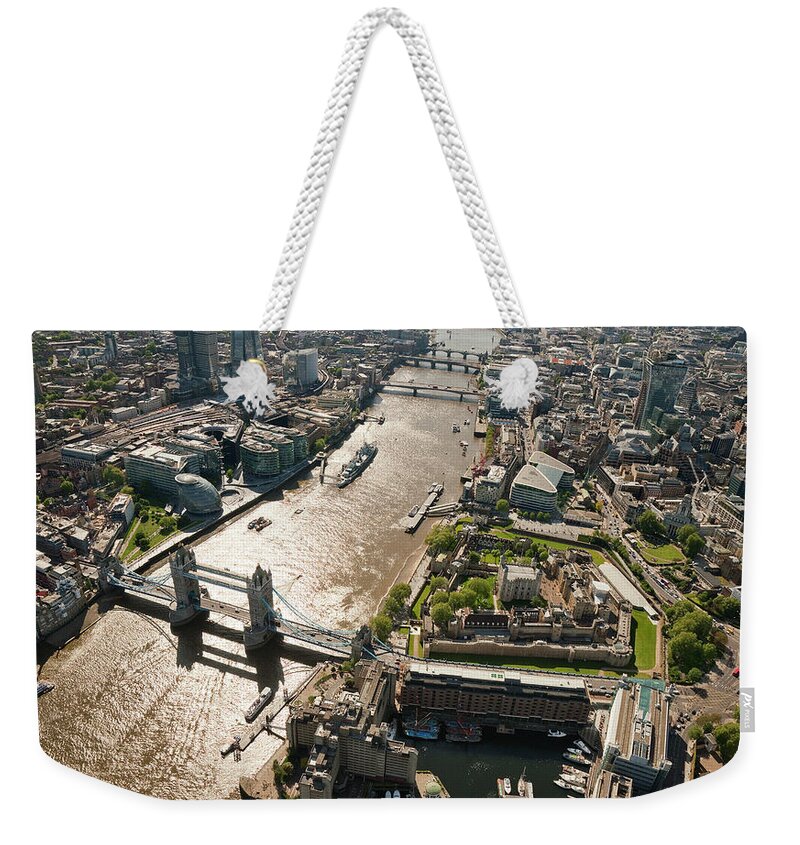 English Culture Weekender Tote Bag featuring the photograph Aerial Shot Of Tower Bridge And Tower #1 by Michael Dunning