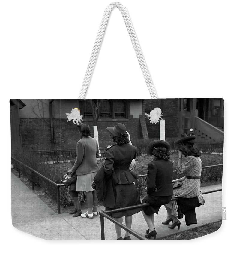 African Weekender Tote Bag featuring the painting African American Girls waiting for Episcopal Church to end so they can see the processional, South Side of Chicago, Illinois #1 by 