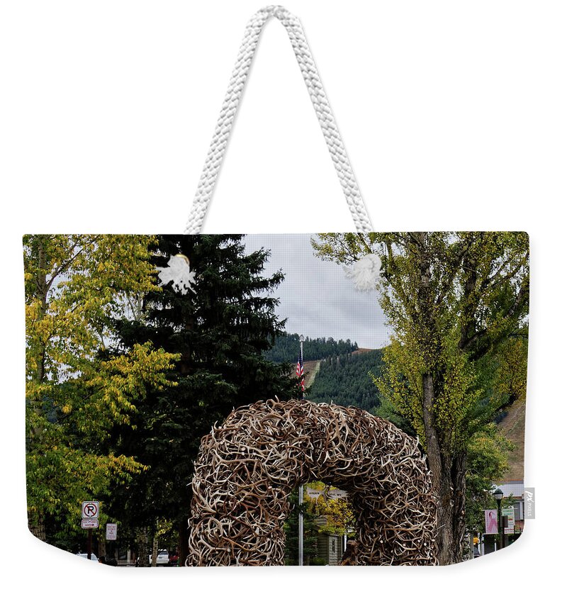 Antler Arch Square Weekender Tote Bag featuring the photograph Antler Arch Jackson Hole #1 by Shirley Mitchell