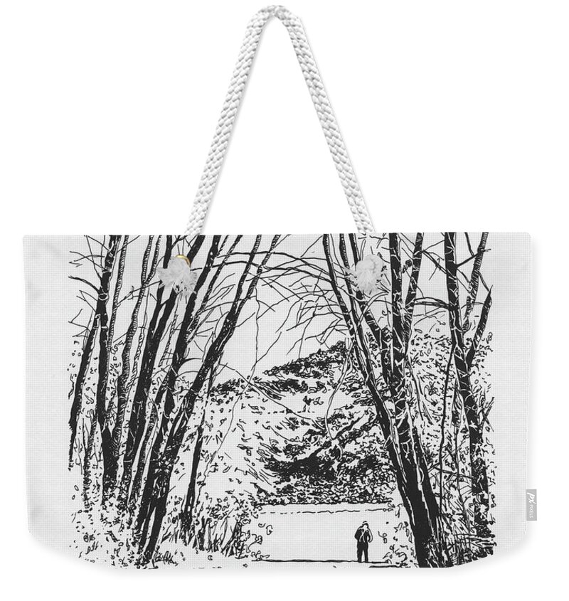 Aspen Weekender Tote Bag featuring the drawing Aspen Trees and Fisherman #1 by Tommy Midyette