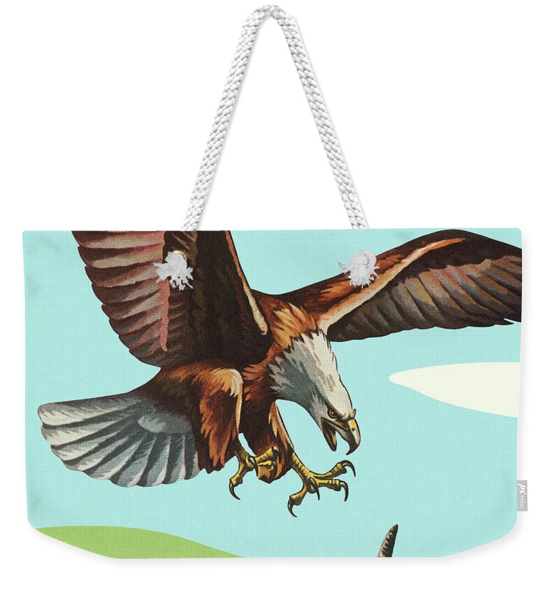 Animal Weekender Tote Bag featuring the drawing Bald Eagle Grabbing a Cat #1 by CSA Images