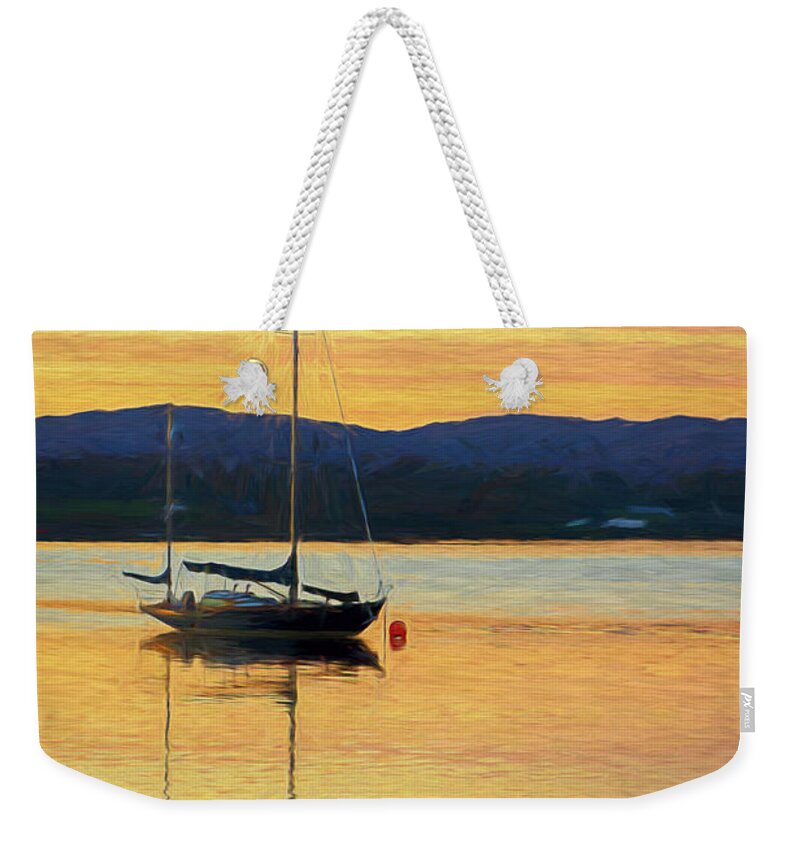 Beautiful Weekender Tote Bag featuring the digital art Boat On A Lake at Sunset by Rick Deacon