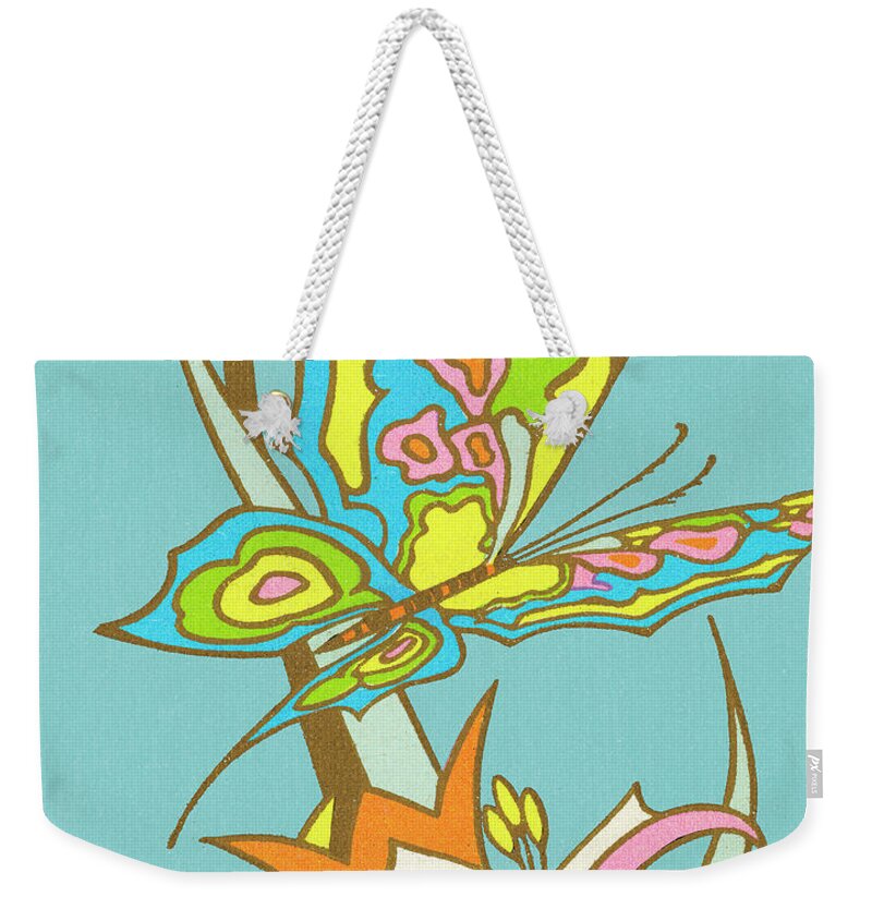Animal Weekender Tote Bag featuring the drawing Butterfly and Flowers #1 by CSA Images