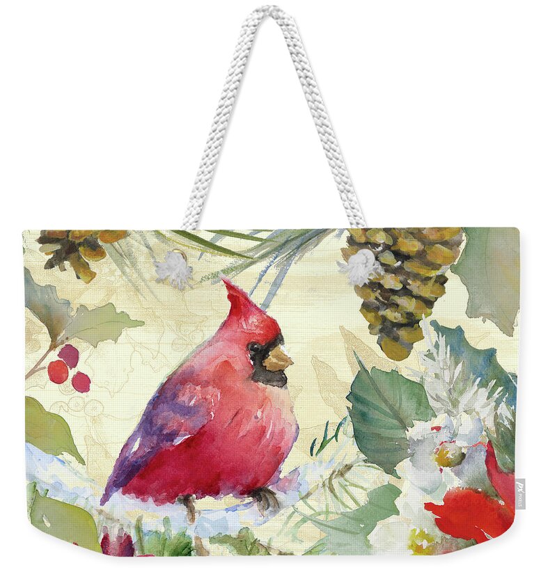 Cardinal Weekender Tote Bag featuring the painting Cardinal And Pinecones I #1 by Lanie Loreth