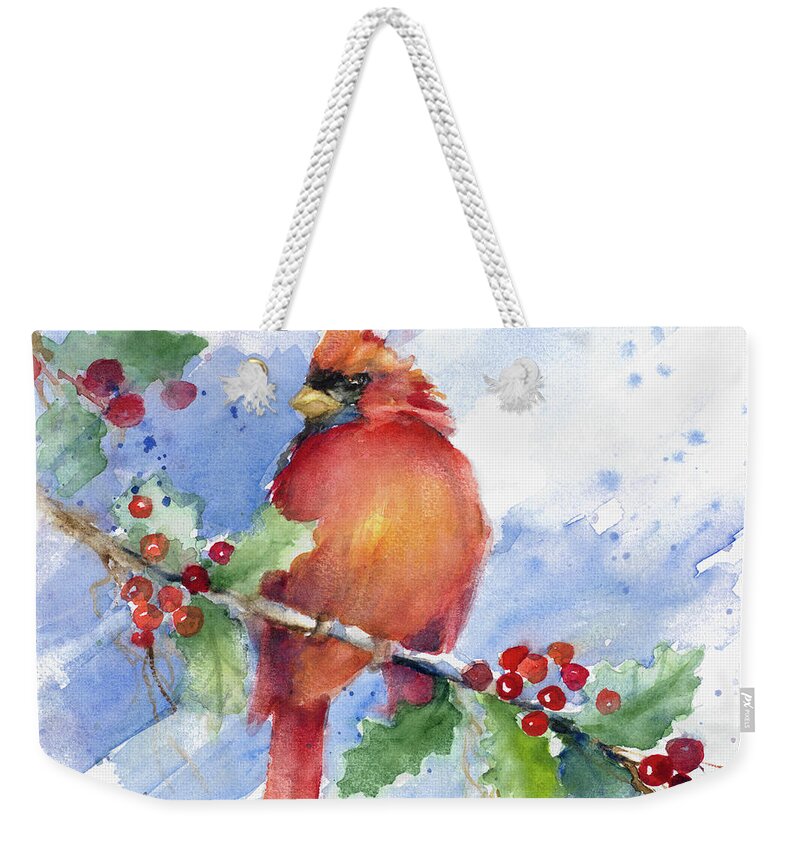 Cardinal Weekender Tote Bag featuring the painting Cardinal On Holly Branch by Lanie Loreth