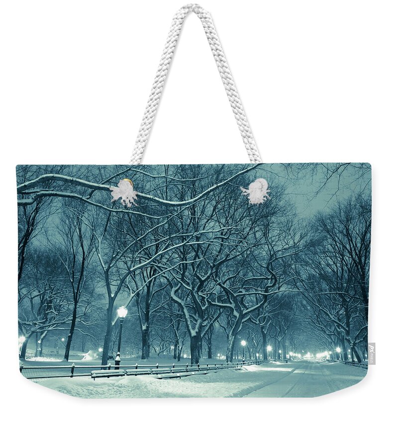 The Mall Weekender Tote Bag featuring the photograph Central Park By Night During Snow Storm #1 by Pawel.gaul