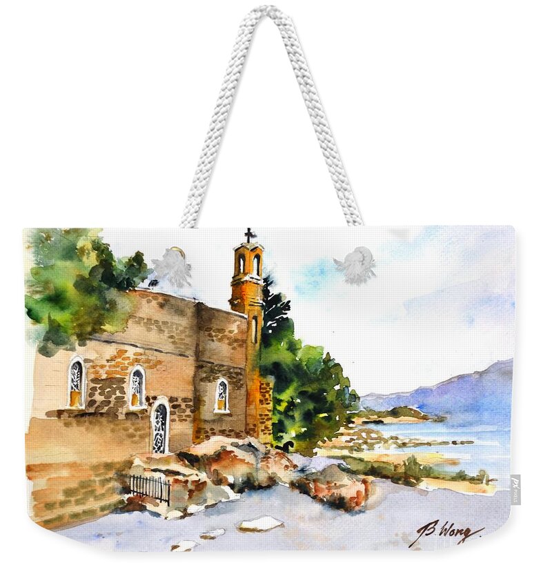 Church Weekender Tote Bag featuring the painting Church of Primacy, Galilee #1 by Betty M M Wong