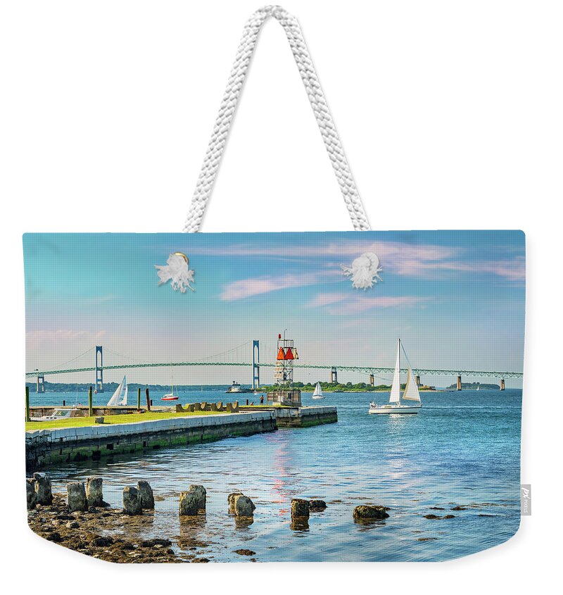 Estock Weekender Tote Bag featuring the digital art Claiborne Pell Bridge, Newport, Ri #1 by Laura Zeid