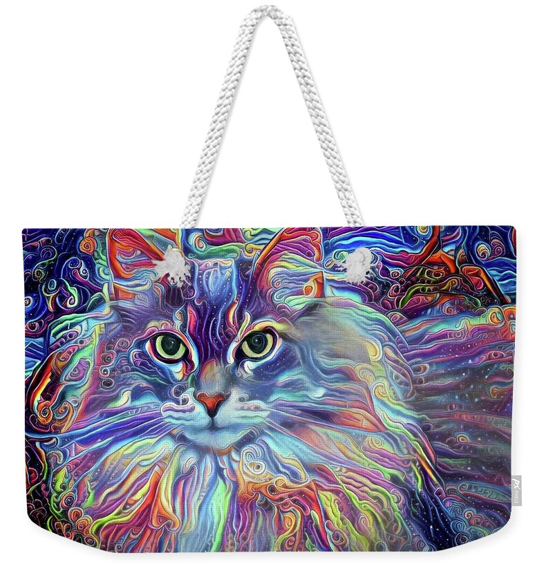 Long Haired Cat Weekender Tote Bag featuring the digital art Colorful Long Haired Cat Art by Peggy Collins