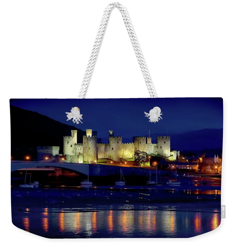  Weekender Tote Bag featuring the photograph Conwy Castle at Night #1 by Peter OReilly