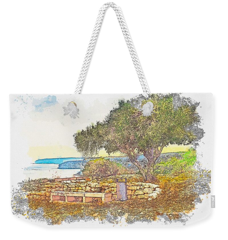 Nature Weekender Tote Bag featuring the painting Costal Landscape in Kourion Cyprus - watercolor by Ahmet Asar #1 by Celestial Images