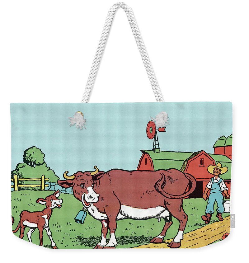 Agriculture Weekender Tote Bag featuring the drawing Cow and Calf #1 by CSA Images