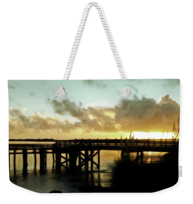 Sunset Weekender Tote Bag featuring the photograph Dock of the Bay #1 by Bonnie Bruno