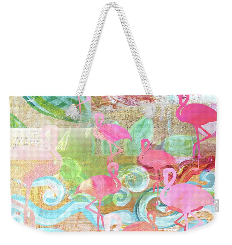 Flamingo Collage Weekender Tote Bag featuring the mixed media Flamingo Collage by Claudia Schoen