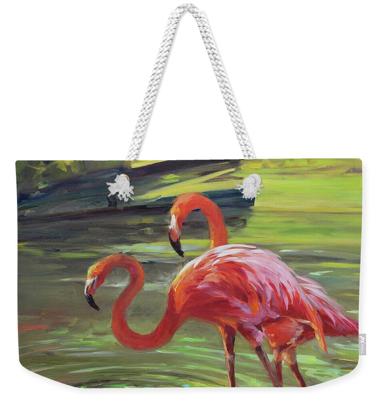 Tropical Weekender Tote Bag featuring the painting Flamingo IIi by Chuck Larivey