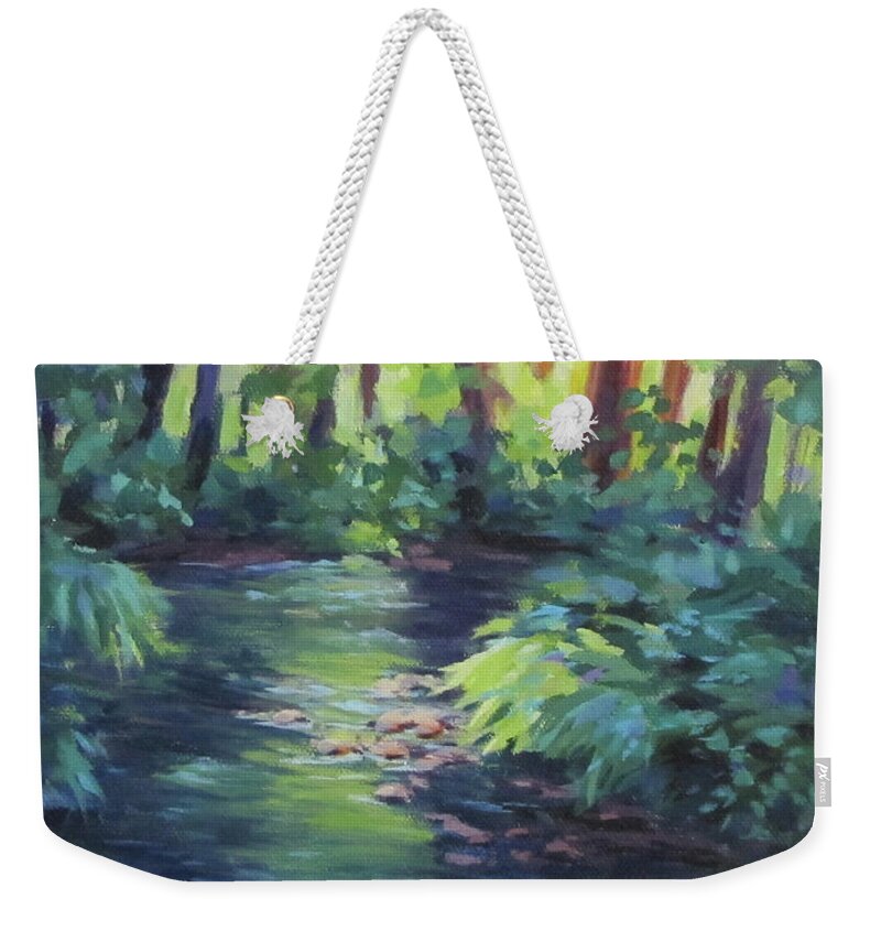 Forest Weekender Tote Bag featuring the painting Forest Light #1 by Karen Ilari