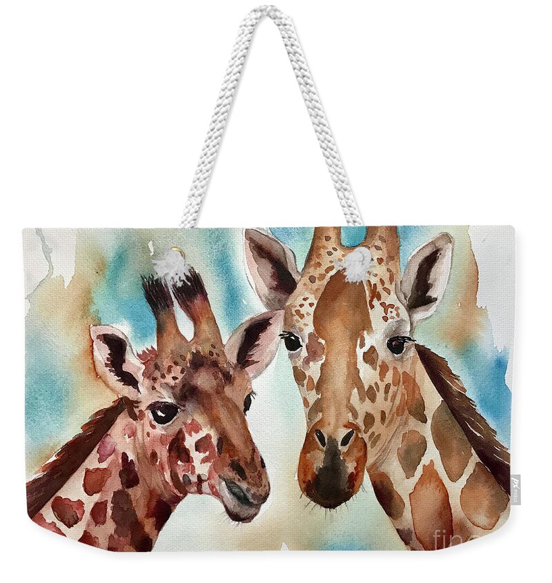 Giraffe Weekender Tote Bag featuring the painting Giraffes #2 by Hilda Vandergriff