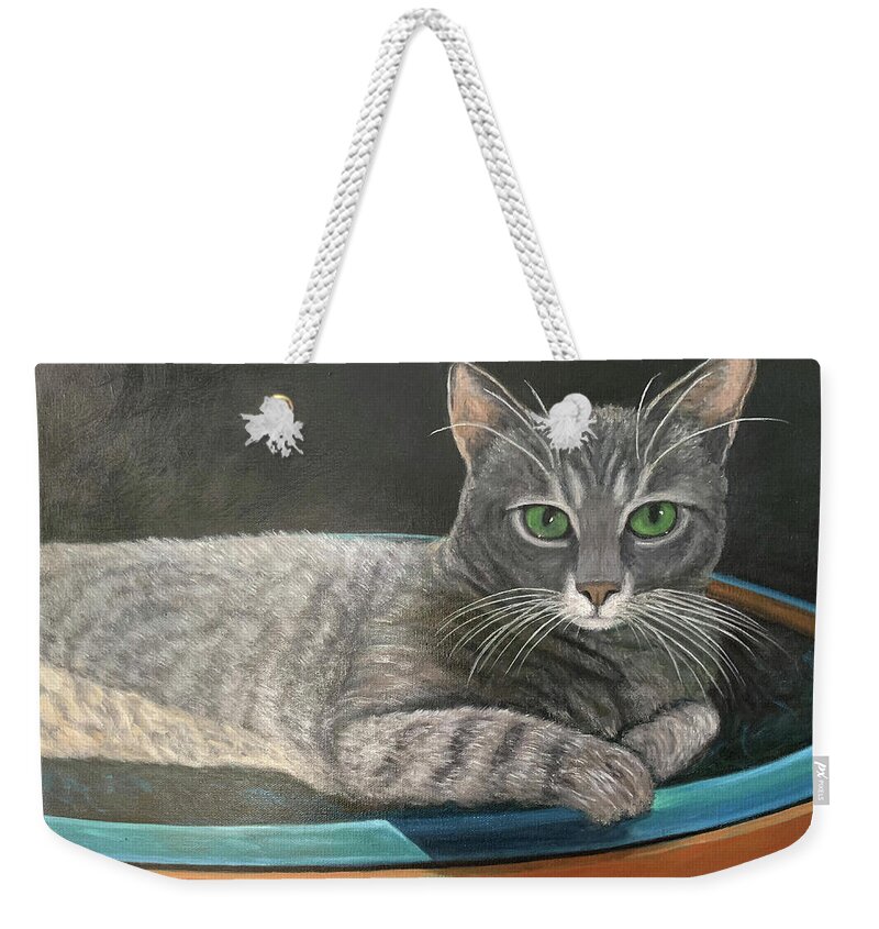 Karen Zuk Rosenblatt Art And Photography Weekender Tote Bag featuring the painting Grey Tabby Cat by Karen Zuk Rosenblatt