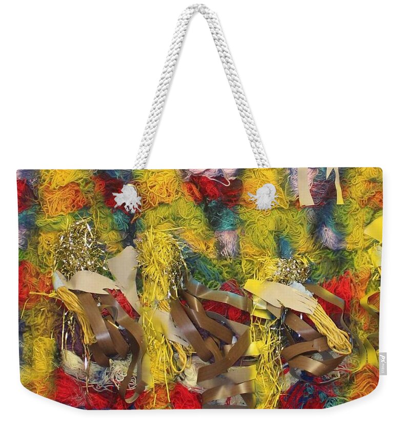 Jesus Weekender Tote Bag featuring the painting Holy Trinity And Our Lady #1 by Gloria Ssali