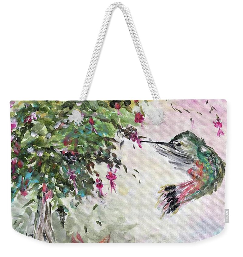 Hummingbird Weekender Tote Bag featuring the painting Hummingbird with Fuchsias by Roxy Rich