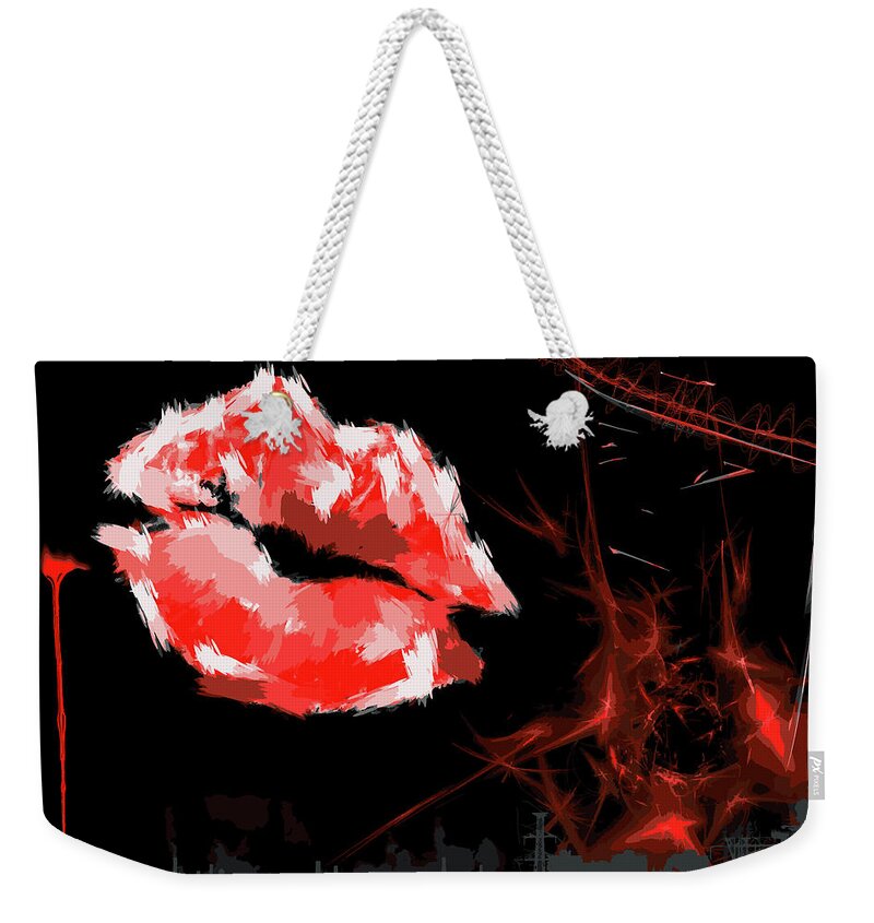 #art#illustration#concept#lips#kiss#colours#red#fire#love Weekender Tote Bag featuring the digital art Kiss Of Fire /Wallpaper/Illustration by Aleksandrs Drozdovs