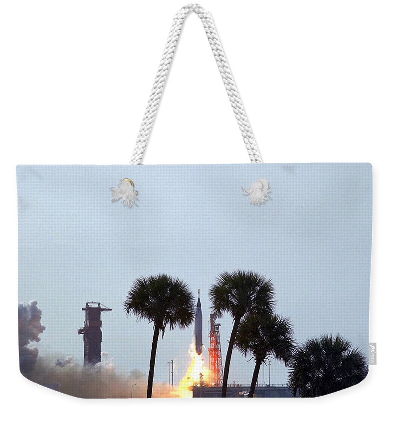 Space Weekender Tote Bag featuring the painting Launch of Mercury Atlas 9 rocket #1 by Celestial Images