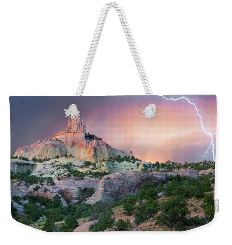 00563971 Weekender Tote Bag featuring the photograph Lightning At Church Rock, Red Rock State Park, New Mexico #1 by Tim Fitzharris