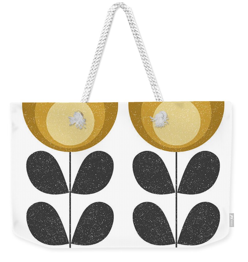 Mid Century Weekender Tote Bag featuring the mixed media Mid Century Modern Yellow Flowers #1 by Naxart Studio