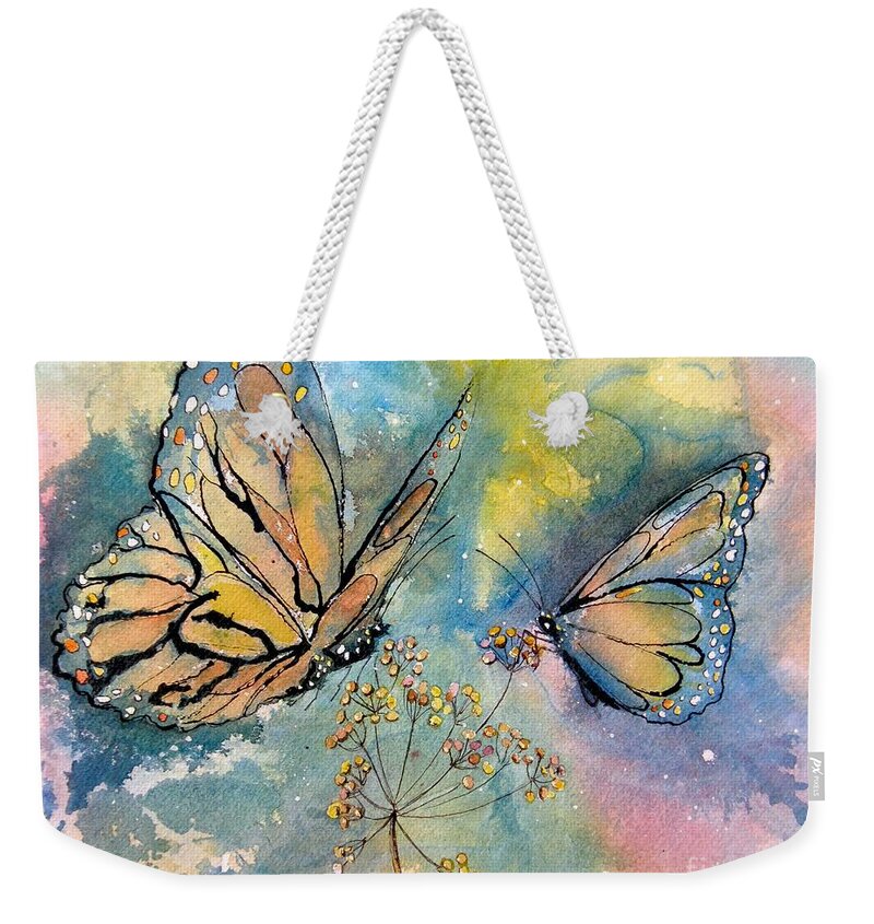 Monarchs Weekender Tote Bag featuring the painting Monarch Butterflies by Midge Pippel