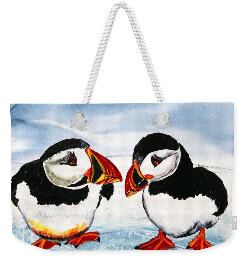 Puffin Weekender Tote Bag featuring the painting Mr And Mrs #1 by Maria Barry