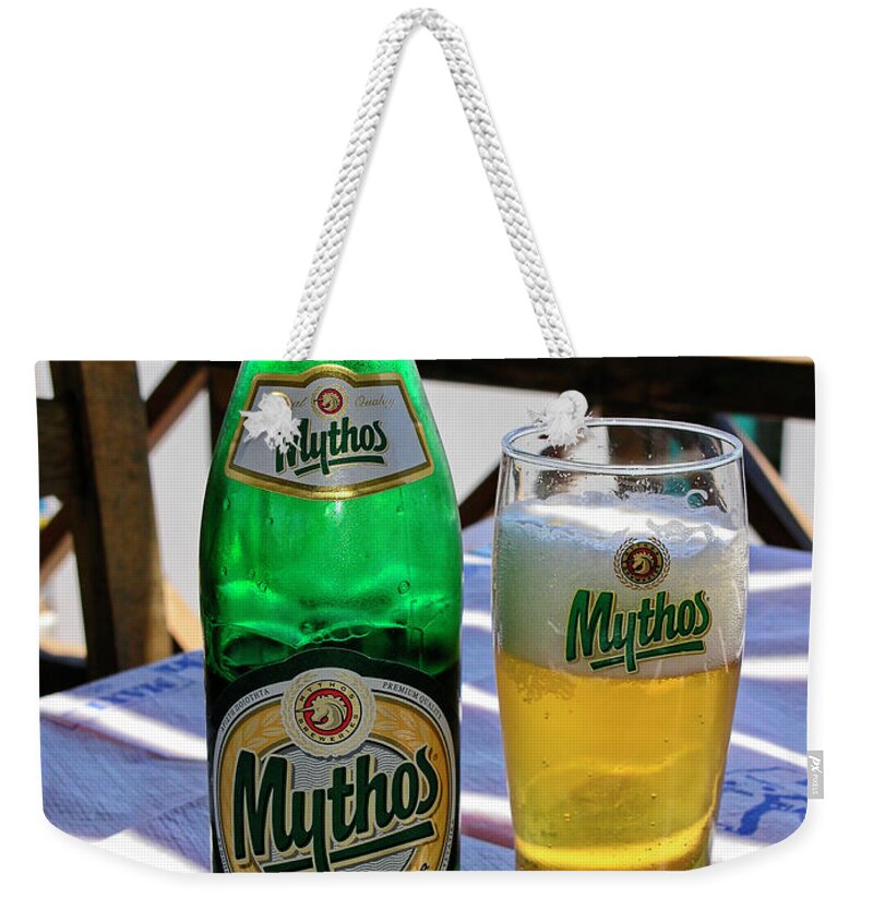 Mythos Beer Weekender Tote Bag featuring the photograph Mythos Beer by Sally Weigand