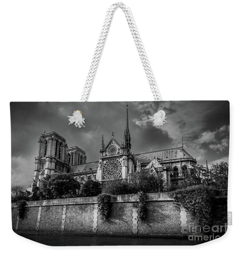 Black And White Weekender Tote Bag featuring the photograph Notre Dame at the Seine, Paris 2016 #1 by Liesl Walsh