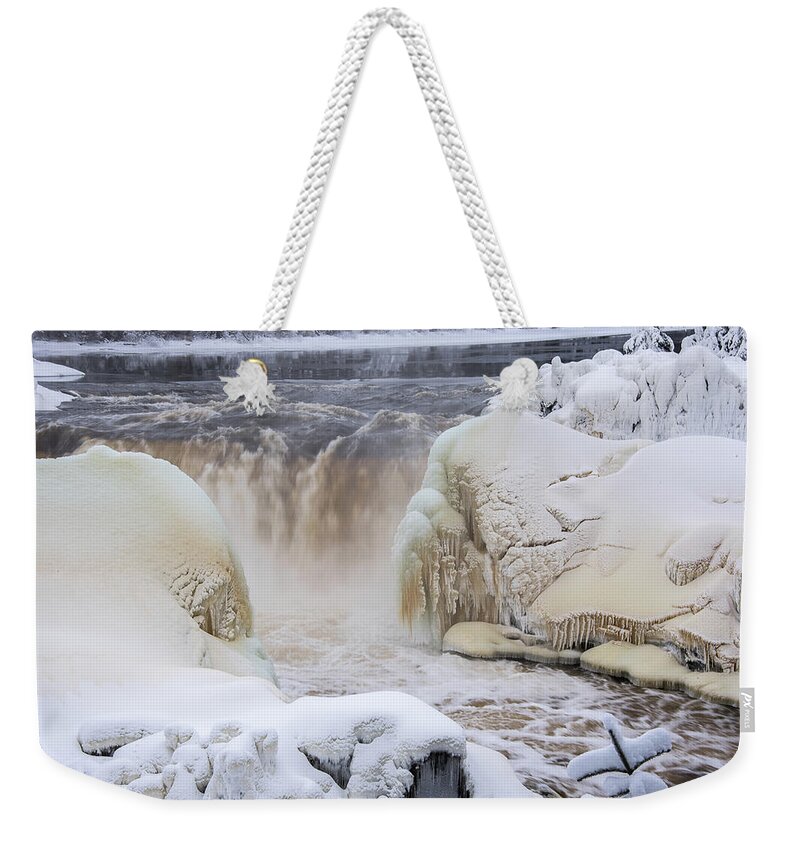 Canada Weekender Tote Bag featuring the photograph Pisew Falls #1 by Minnie Gallman