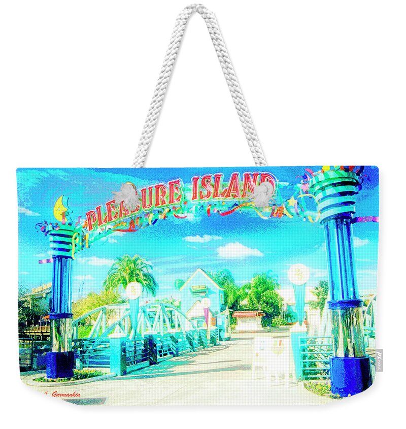 Pleasure Island Weekender Tote Bag featuring the digital art Pleasure Island Sign and Walkway Downtown Disney #2 by A Macarthur Gurmankin