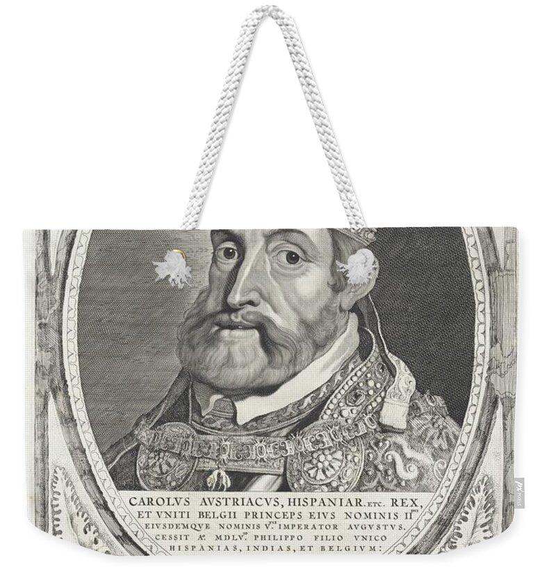 Emperor Weekender Tote Bag featuring the painting Portrait of Charles V of Habsburg, Cornelis Visscher II, after Anthonis Mor, 1638 - 1658 #1 by Anthonis Mor