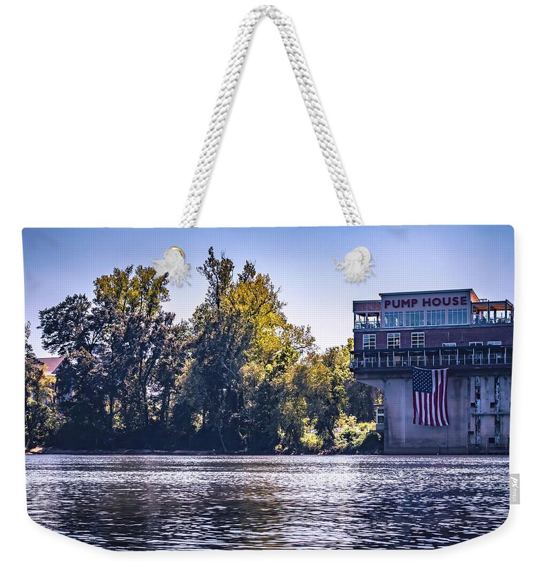 Pump House Weekender Tote Bag featuring the photograph Pump House Restaurant On Catawba River In Rock Hill South Caroli #1 by Alex Grichenko