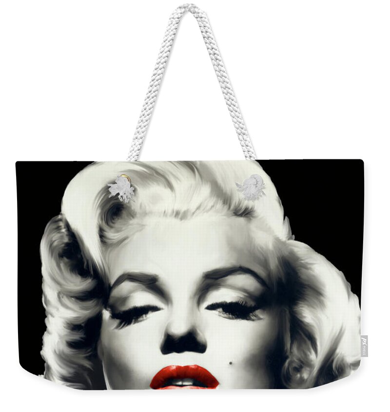 Fashion Weekender Tote Bag featuring the painting Red Lips Marilyn In Black #1 by Chris Consani