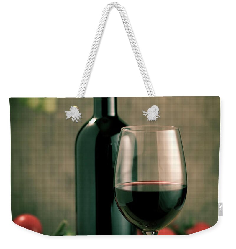 Cheese Weekender Tote Bag featuring the photograph Red Wine And Food, Italian Style #1 by Kontrast-fotodesign