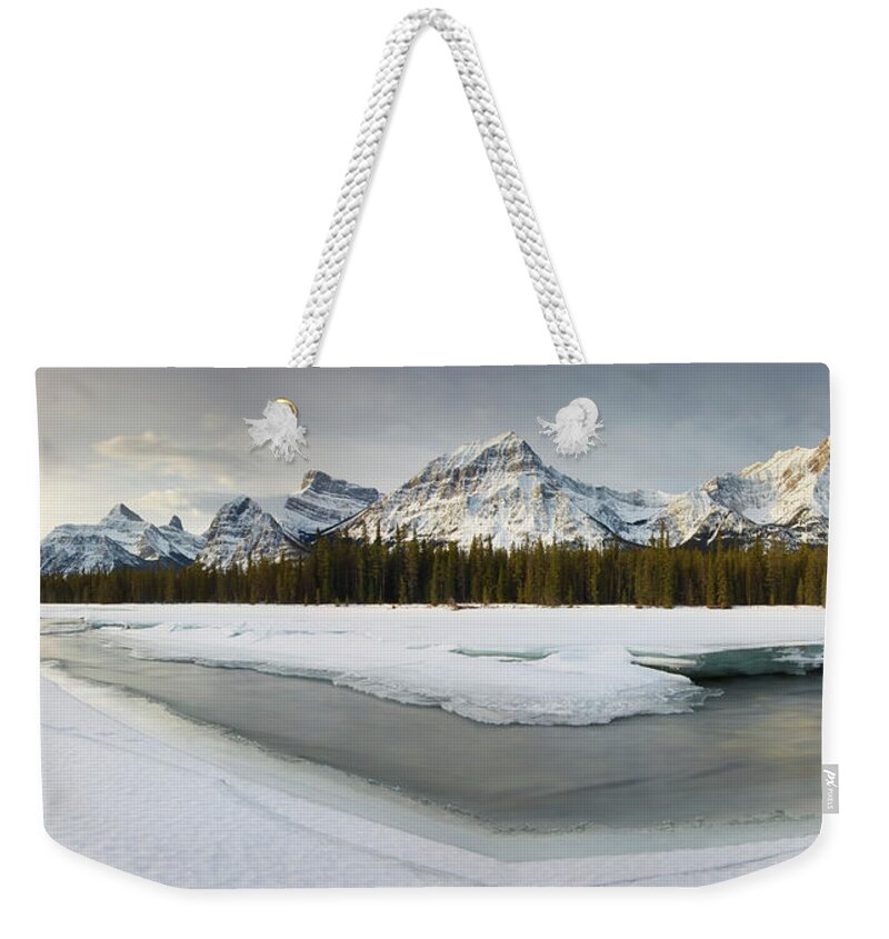Scenics Weekender Tote Bag featuring the photograph Rocky Mountains Over The Athabasca River #1 by Travelpix Ltd