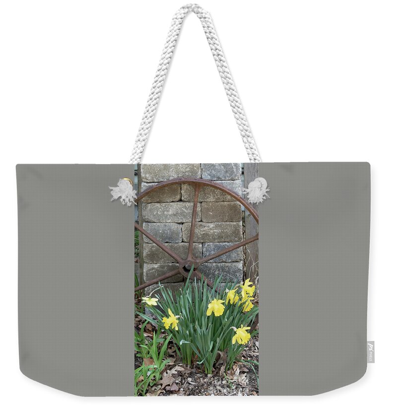 Daffodils Weekender Tote Bag featuring the photograph Rustic Garden Spot Wide by Ann Horn
