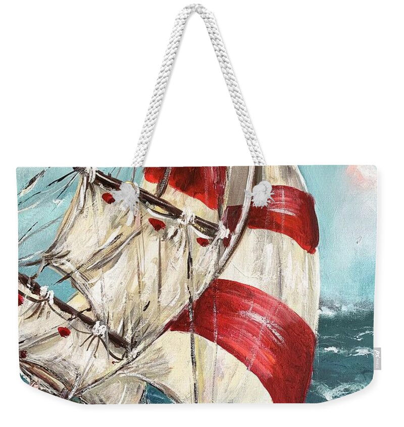 Sailing Ship Boat Ocean Wave Sailers Blue Sky Seascape Miroslaw Chelchowski Acrylic On Canvas Painting Sail Cloth Red White Print Weekender Tote Bag featuring the painting Sailing #1 by Miroslaw Chelchowski