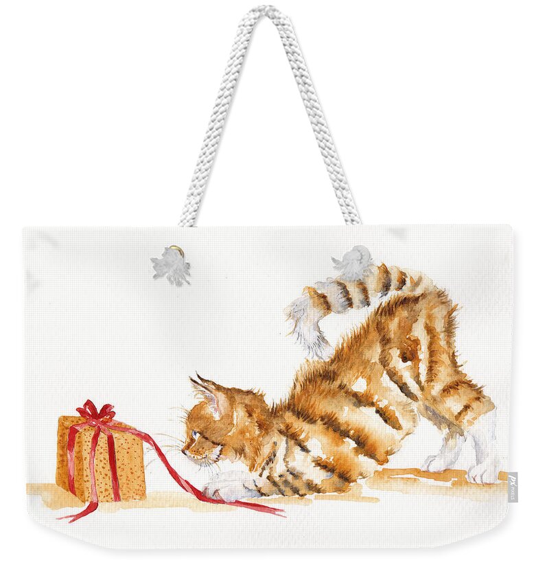 Cat Weekender Tote Bag featuring the painting Santa's little helper by Debra Hall