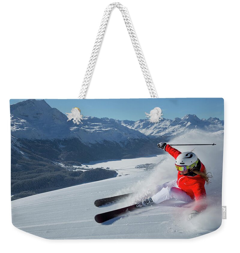 Estock Weekender Tote Bag featuring the digital art Skier In Corviglia Area, Switzerland #1 by Christof Sonderegger