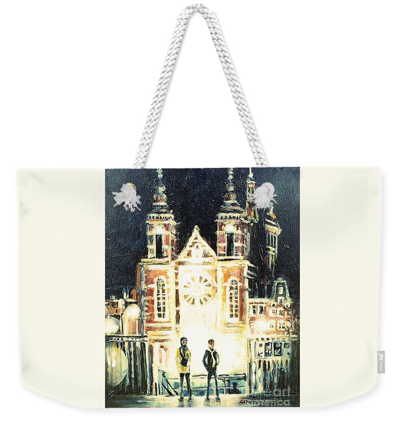 Night Scene Weekender Tote Bag featuring the painting St Nicolaaskerk Church by Linda Shackelford
