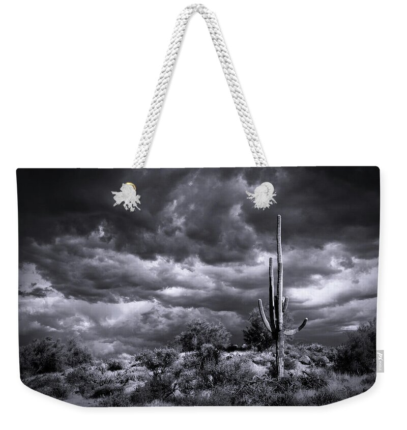 Arizona Weekender Tote Bag featuring the photograph Stormy Desert Skies In Black And White #1 by Saija Lehtonen