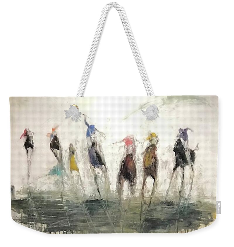 Animal Inspirational Surrealism Modern Horse Horses Contemporary Abstract Original Fantasy Race Horses Painting Weekender Tote Bag featuring the painting Stretch Run Blue #1 by Heather Roddy