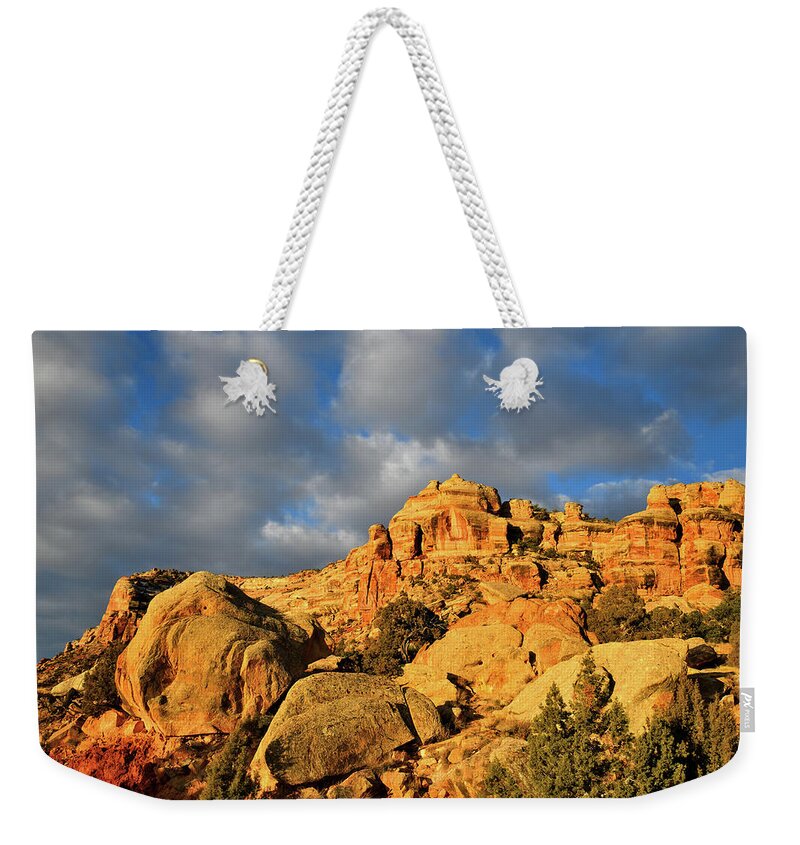 Colorado National Monument Weekender Tote Bag featuring the photograph Sunrise Clouds over Colorado National Monument #1 by Ray Mathis