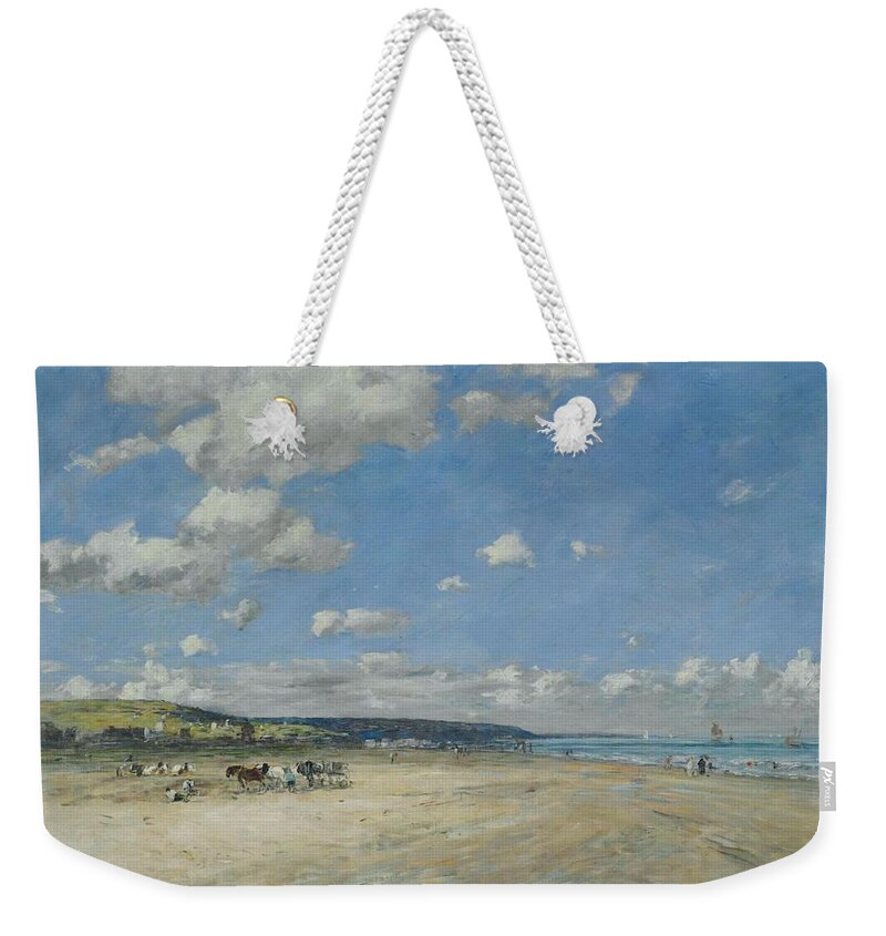 Eugene Boudin Weekender Tote Bag featuring the painting The Beach at Tourgeville-les-Sablons #1 by Eugene Boudin